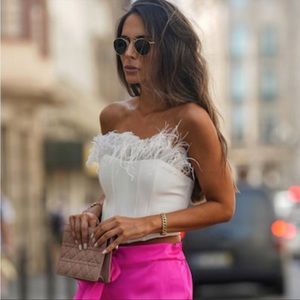 New Zara White Bustier Corset Top Feathered